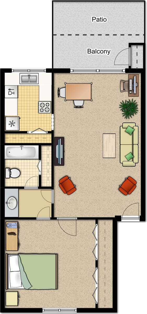1 bedroom Ocala apartment floor plan.