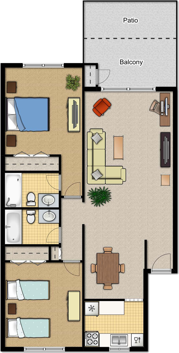 2 bedroom Ocala apartment floor plan.
