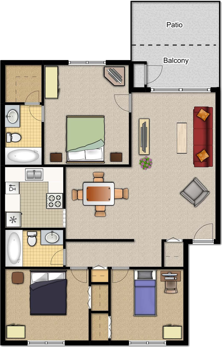 3 bedroom Ocala apartment floor plan.